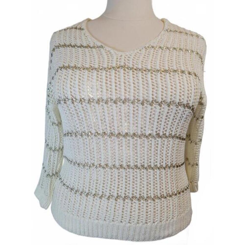 Chicos Womens Metallic Stripe Open Knit Sweater Off White Silver V-Neck Size 1